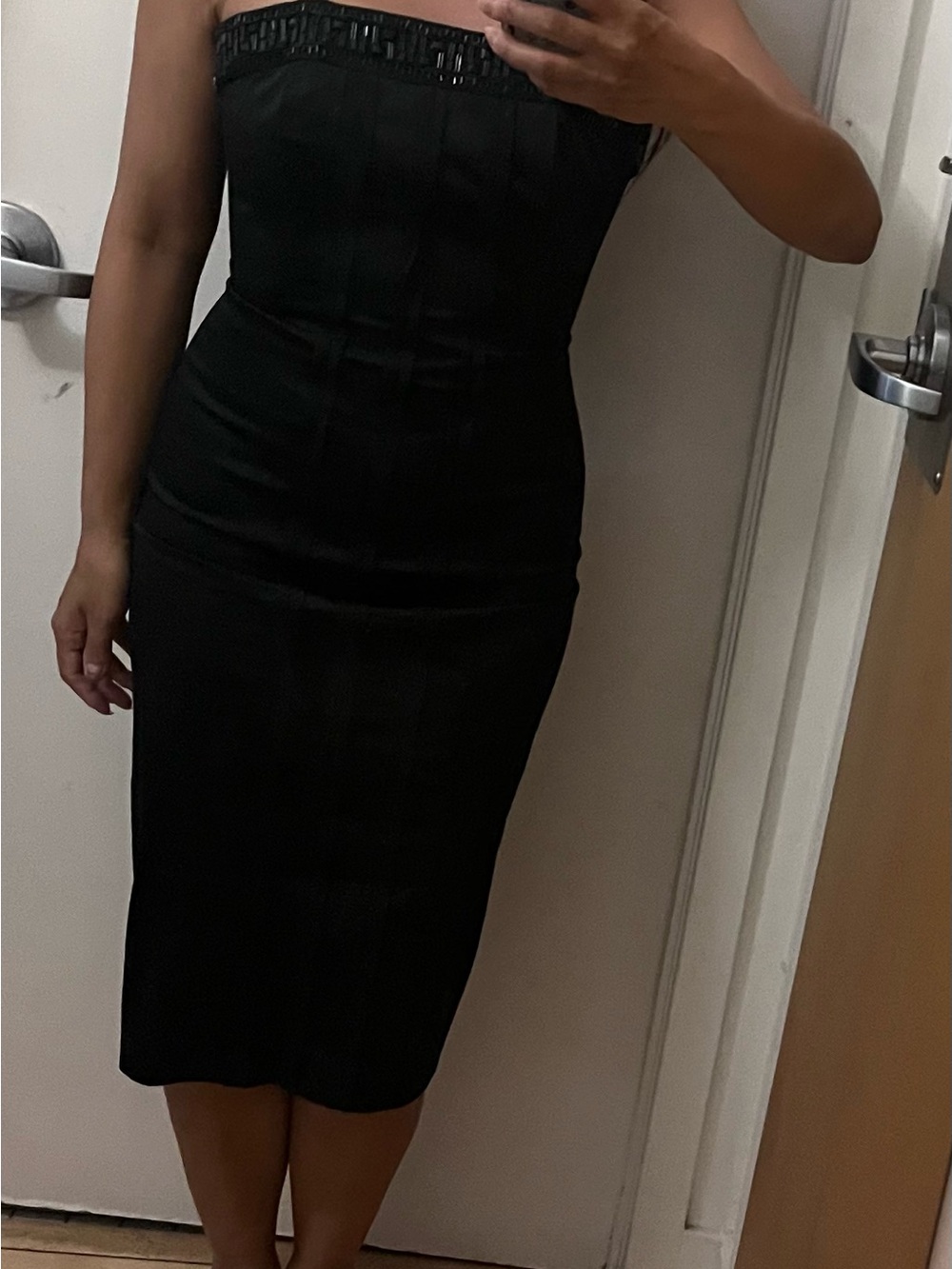 Marciano Strapless Black Midi Dress with corseted boning and Beaded Trim size O